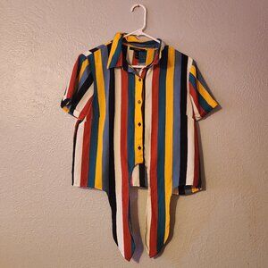 Forever 21 Retro Multicolored Vertical Stripe Front Tie Button Down Shirt